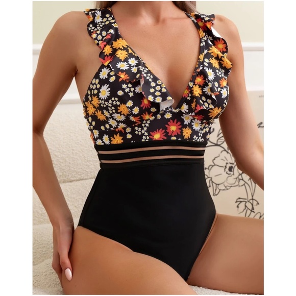 Boho Floral Print Ruffle Criss Cross Monokini One Piece Swim - Picture 3 of 11